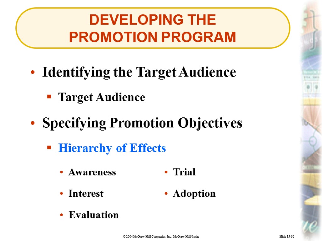 DEVELOPING THE PROMOTION PROGRAM Slide 15-35 Identifying the Target Audience Target Audience Awareness Specifying
